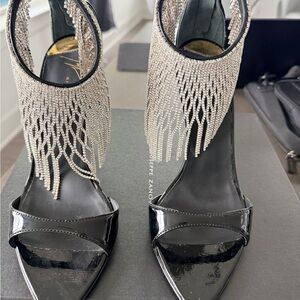 Giuseppe Zanotti Black Patent Leather Crystal Fringe Ankle Strap Heels